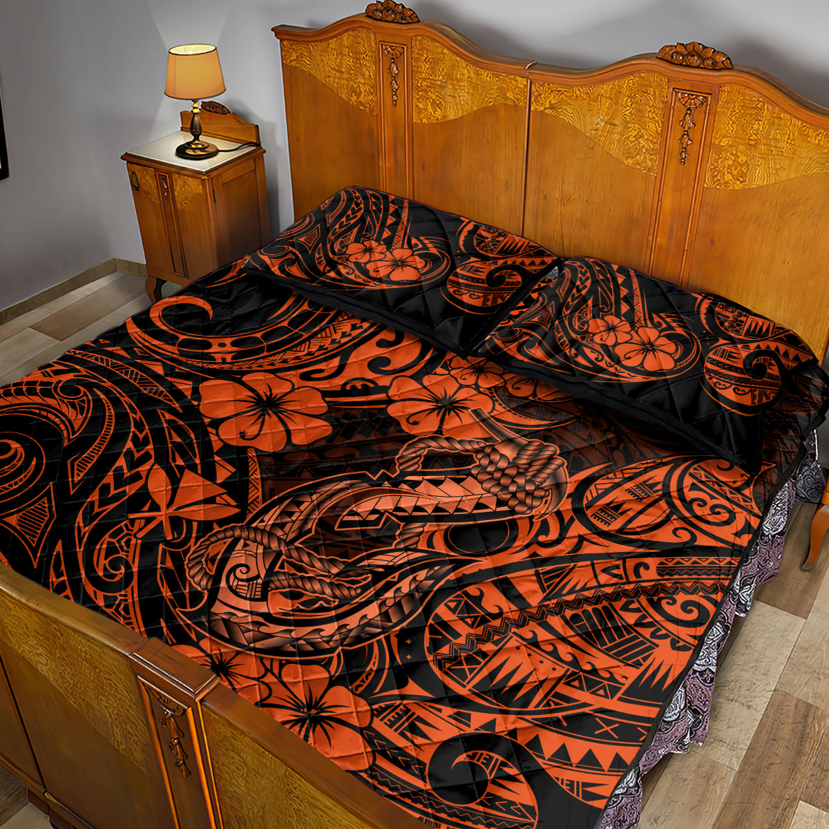Hawaii Fish Hook Quilt Bed Set Polynesian Pattern Orange Version LT01