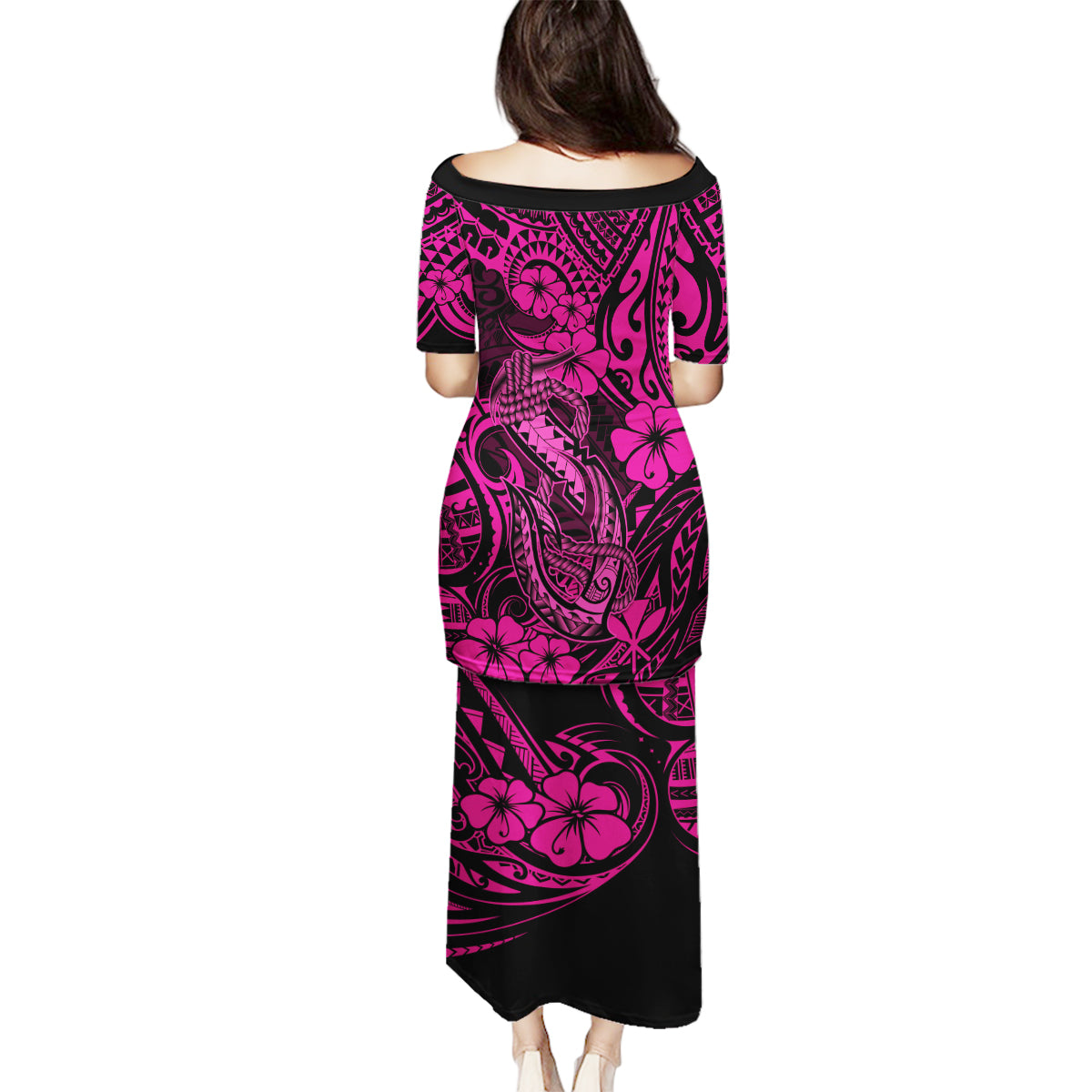 Hawaii Fish Hook Family Matching Puletasi Dress and Hawaiian Shirt Hibiscus Hawaii Tribal Tattoo Pink Version LT01 - Polynesian Pride