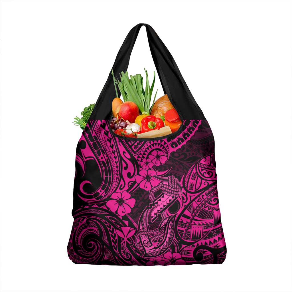 Hawaii Fish Hook Grocery Bag Hibiscus Hawaii Tribal Tattoo Pink Version