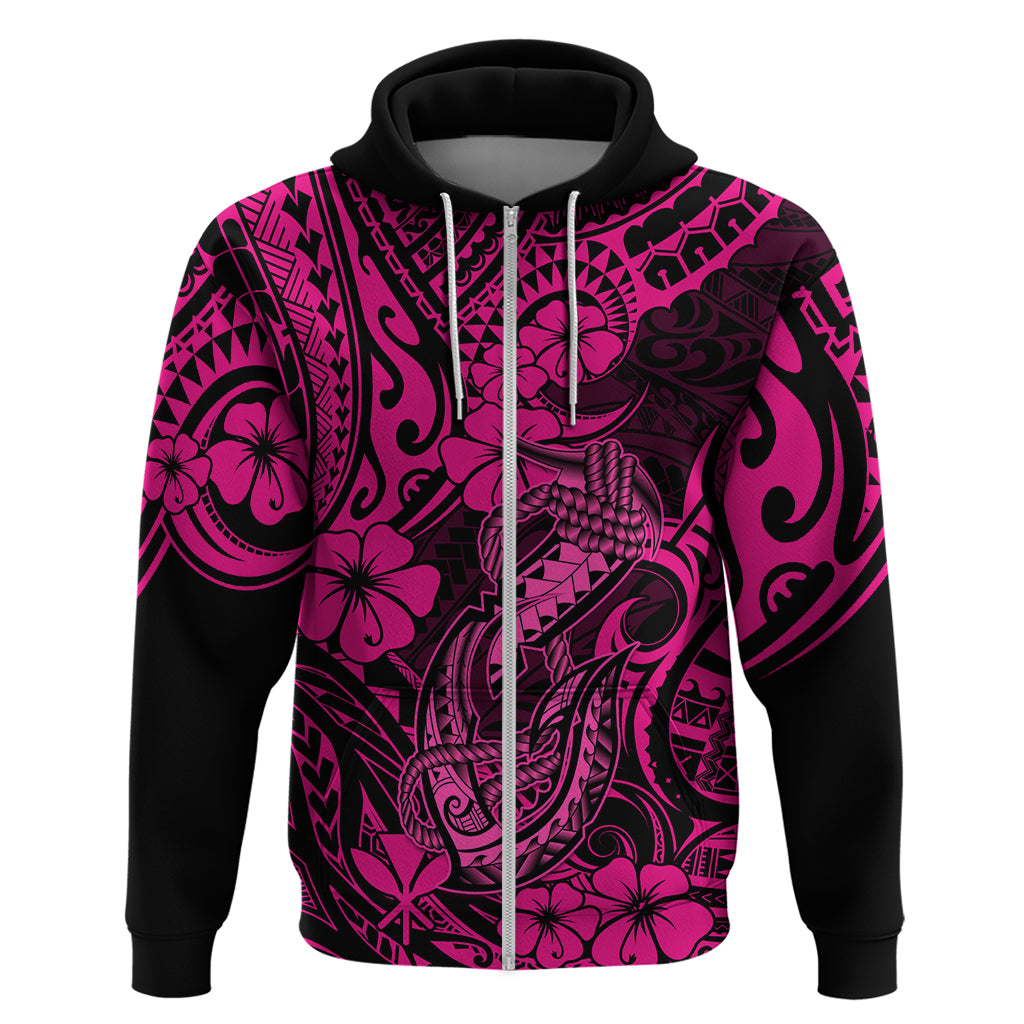 Hawaii Fish Hook Hoodie Hibiscus Hawaii Tribal Tattoo Pink Version LT01 Zip Hoodie Pink - Polynesian Pride