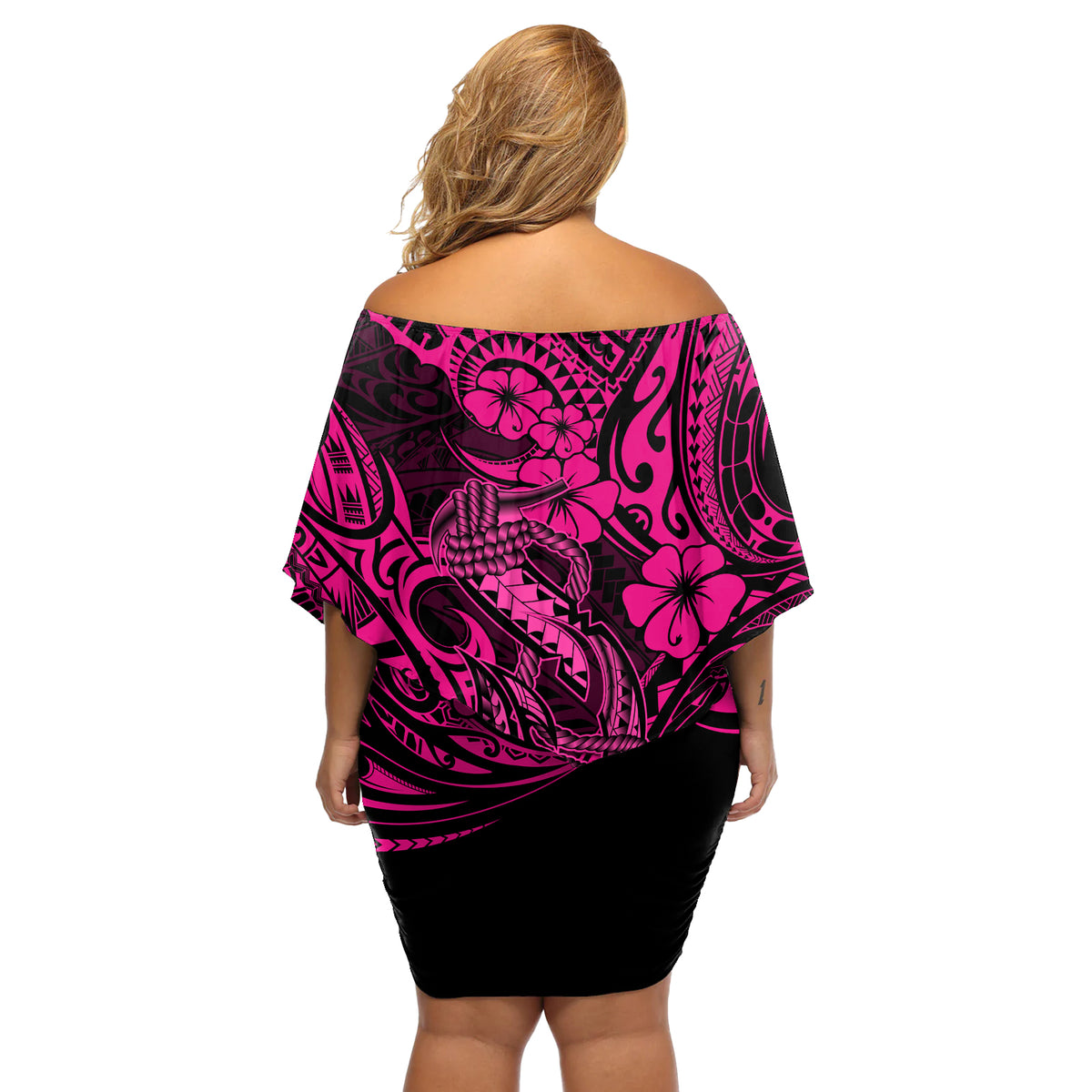 Hawaii Fish Hook Off Shoulder Short Dress Hibiscus Hawaii Tribal Tattoo Pink Version LT01 - Polynesian Pride