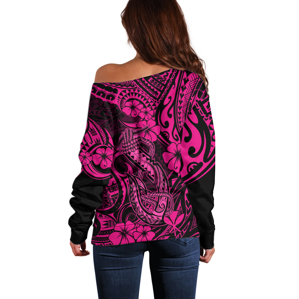 Hawaii Fish Hook Off Shoulder Sweater Hibiscus Hawaii Tribal Tattoo Pink Version LT01 - Polynesian Pride