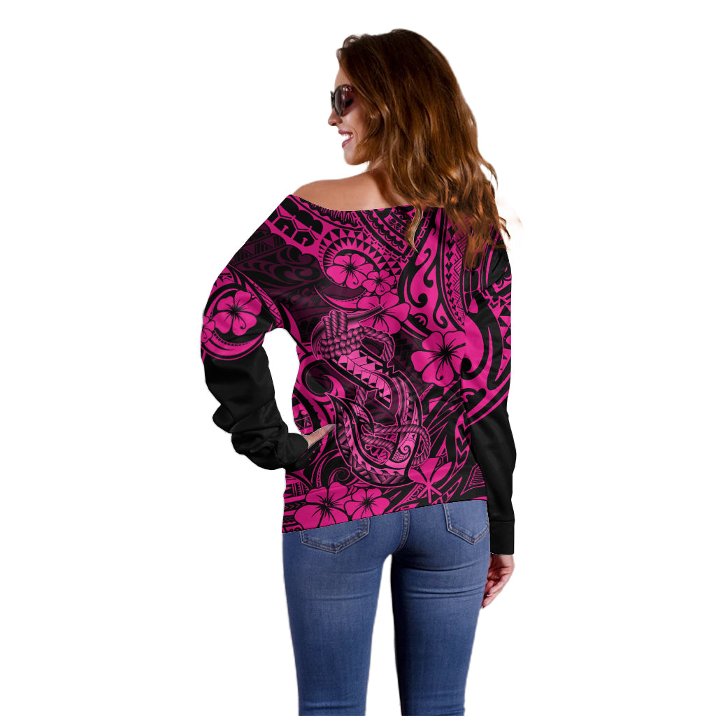 Hawaii Fish Hook Off Shoulder Sweater Hibiscus Hawaii Tribal Tattoo Pink Version LT01 - Polynesian Pride