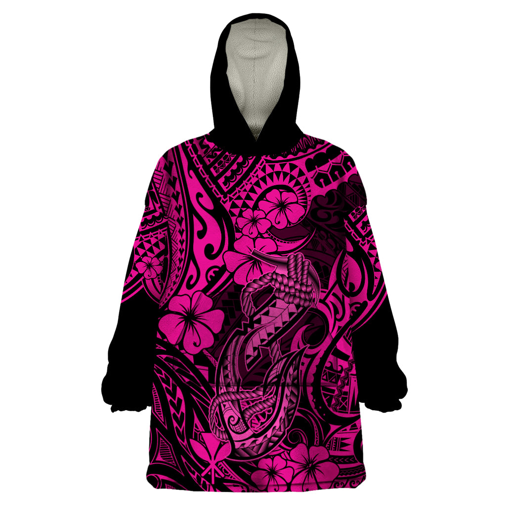 Hawaii Fish Hook Wearable Blanket Hoodie Hibiscus Hawaii Tribal Tattoo Pink Version LT01 One Size Pink - Polynesian Pride