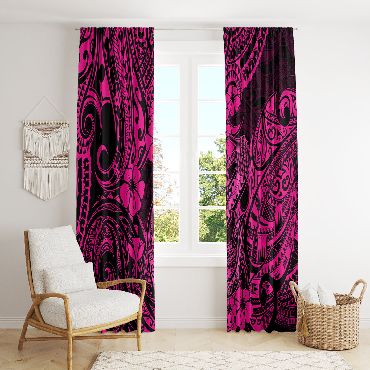 Hawaii Fish Hook Window Curtain Hibiscus Hawaii Tribal Tattoo Pink Version LT01 - Polynesian Pride