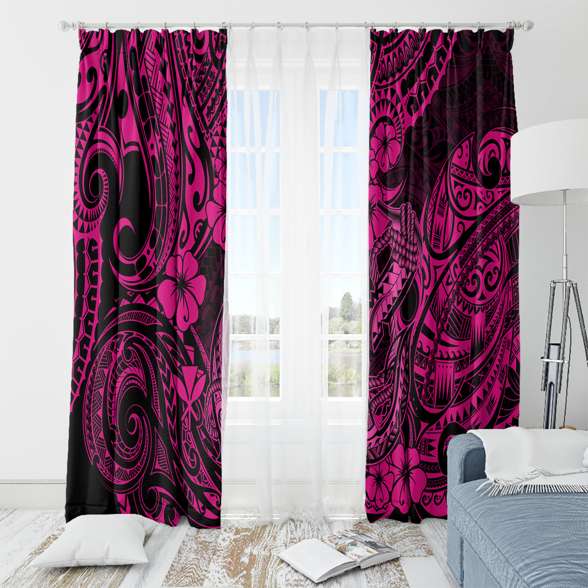 Hawaii Fish Hook Window Curtain Hibiscus Hawaii Tribal Tattoo Pink Version LT01 - Polynesian Pride