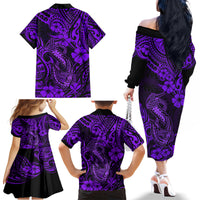 Hawaii Fish Hook Family Matching Off Shoulder Long Sleeve Dress and Hawaiian Shirt Hibiscus Hawaii Tribal Tattoo Purple Version LT01 - Polynesian Pride