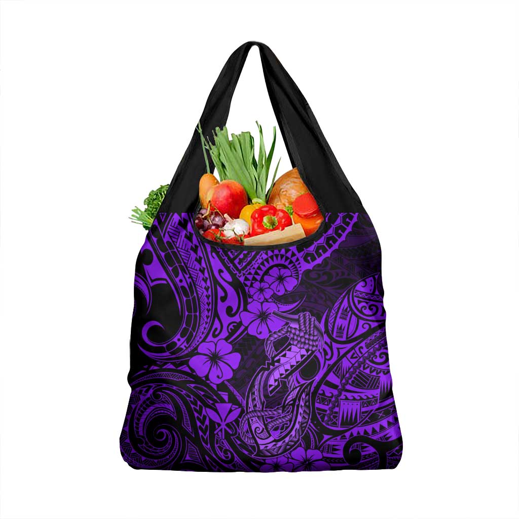 Hawaii Fish Hook Grocery Bag Hibiscus Hawaii Tribal Tattoo Purple Version