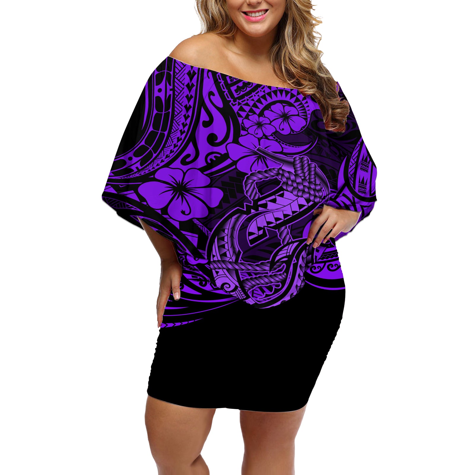 Hawaii Fish Hook Off Shoulder Short Dress Hibiscus Hawaii Tribal Tattoo Purple Version LT01 Women Purple - Polynesian Pride