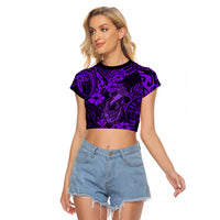 Hawaii Fish Hook Raglan Cropped T Shirt Hibiscus Hawaii Tribal Tattoo Purple Version LT01 Female Purple - Polynesian Pride