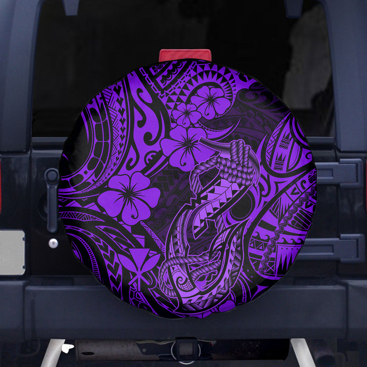 Hawaii Fish Hook Spare Tire Cover Hibiscus Hawaii Tribal Tattoo Purple Version LT01 - Polynesian Pride