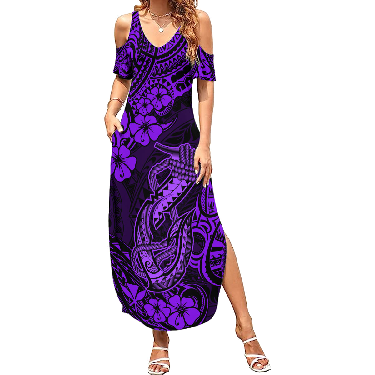 Hawaii Fish Hook Summer Maxi Dress Hibiscus Hawaii Tribal Tattoo Purple Version LT01 Women Purple - Polynesian Pride