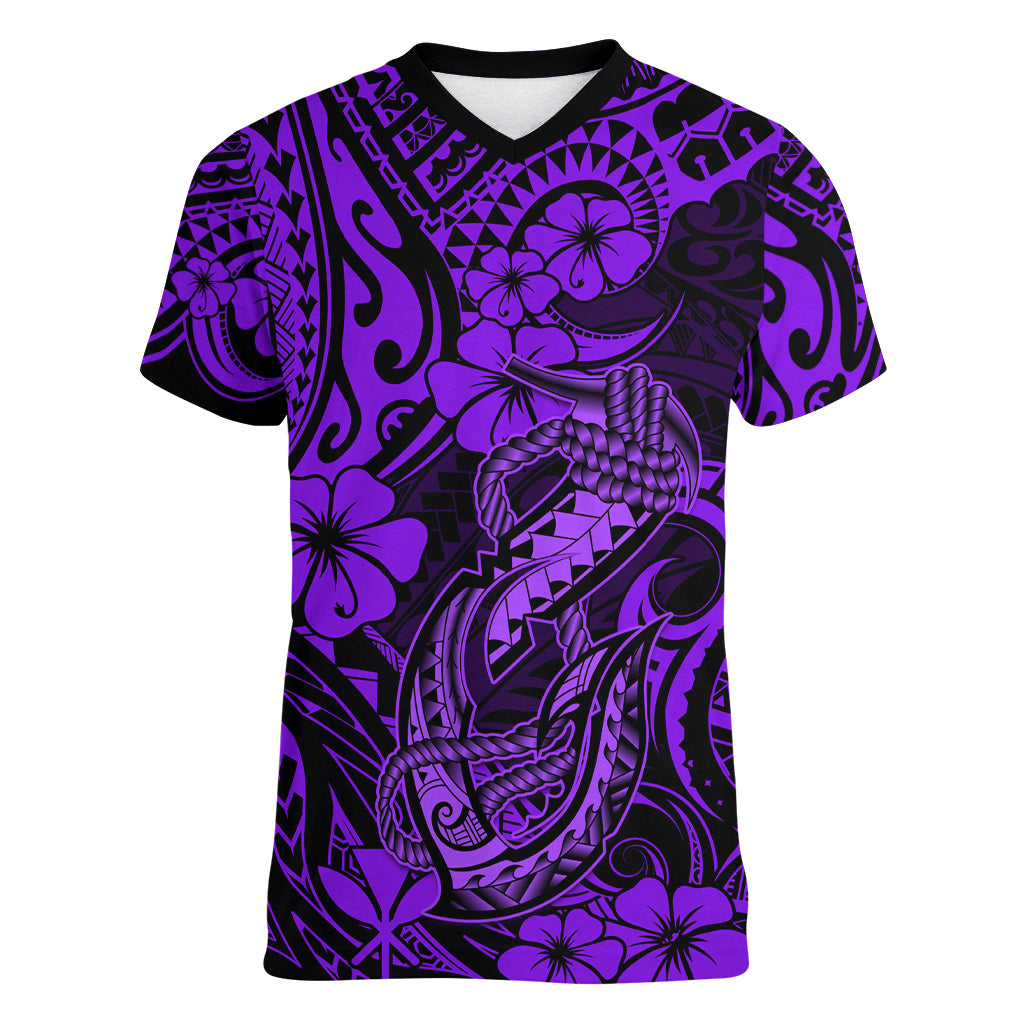 Hawaii Fish Hook Women V Neck T Shirt Hibiscus Hawaii Tribal Tattoo Purple Version LT01 Female Purple - Polynesian Pride