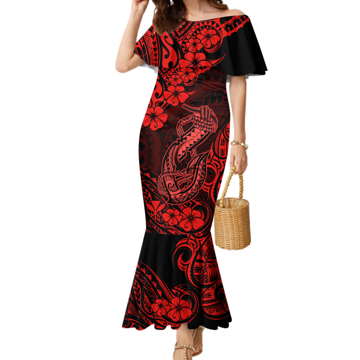 Hawaii Fish Hook Family Matching Mermaid Dress and Hawaiian Shirt Hibiscus Hawaii Tribal Tattoo Red Version LT01 Mom's Dress Red - Polynesian Pride