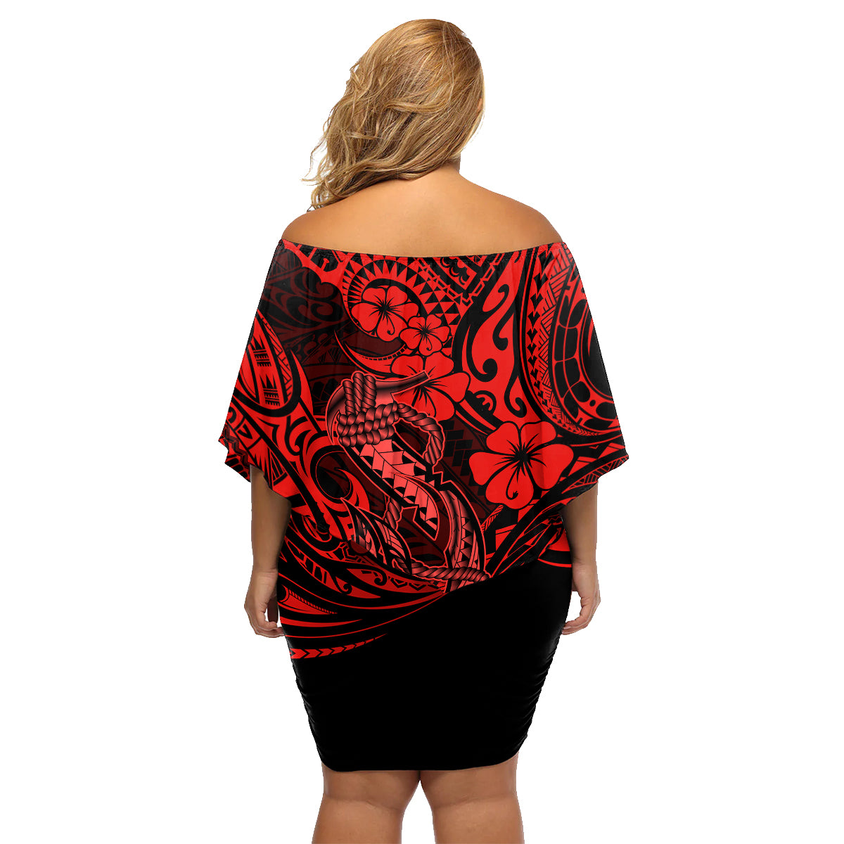 Hawaii Fish Hook Family Matching Off Shoulder Short Dress and Hawaiian Shirt Hibiscus Hawaii Tribal Tattoo Red Version LT01 - Polynesian Pride