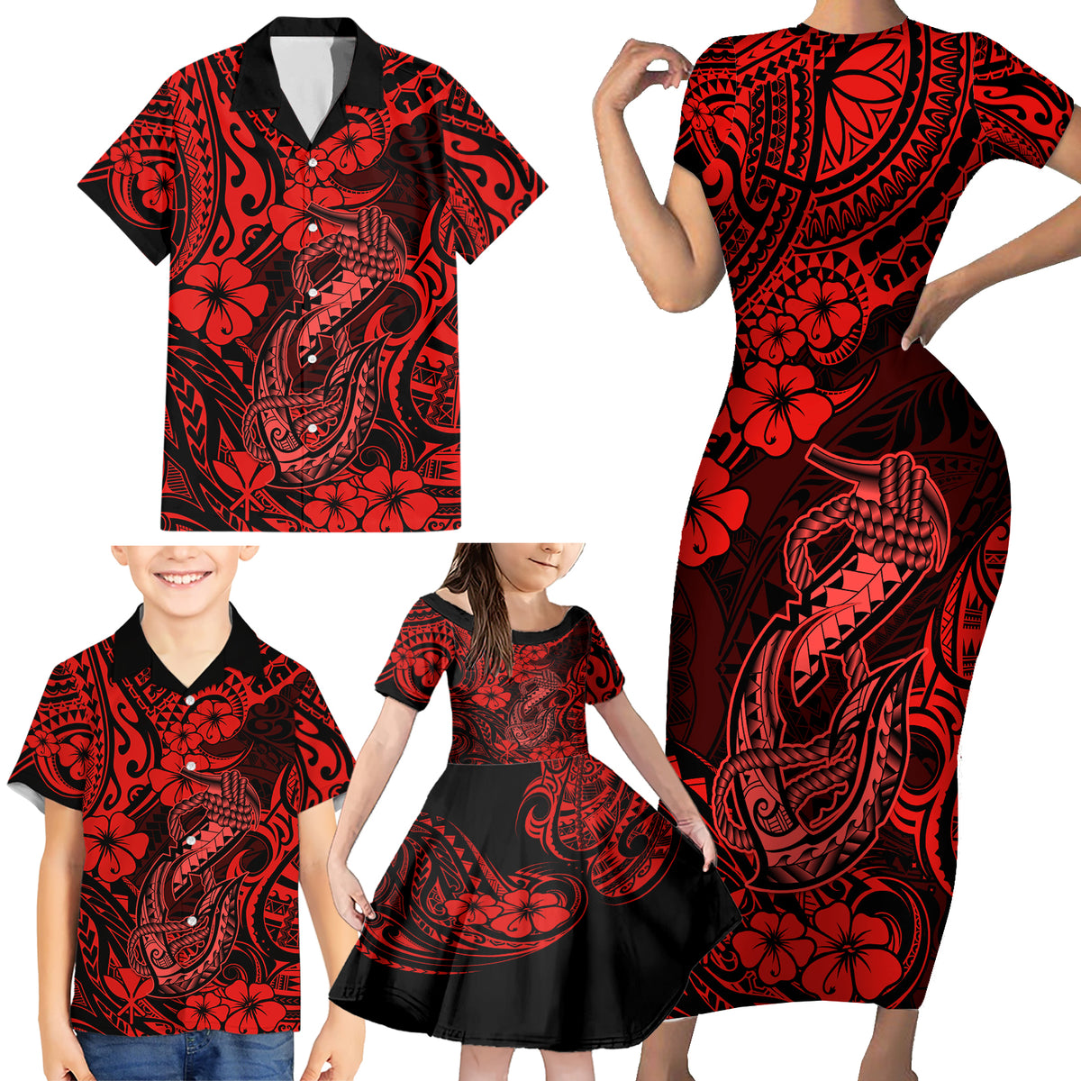 Hawaii Fish Hook Family Matching Short Sleeve Bodycon Dress and Hawaiian Shirt Hibiscus Hawaii Tribal Tattoo Red Version LT01 - Polynesian Pride