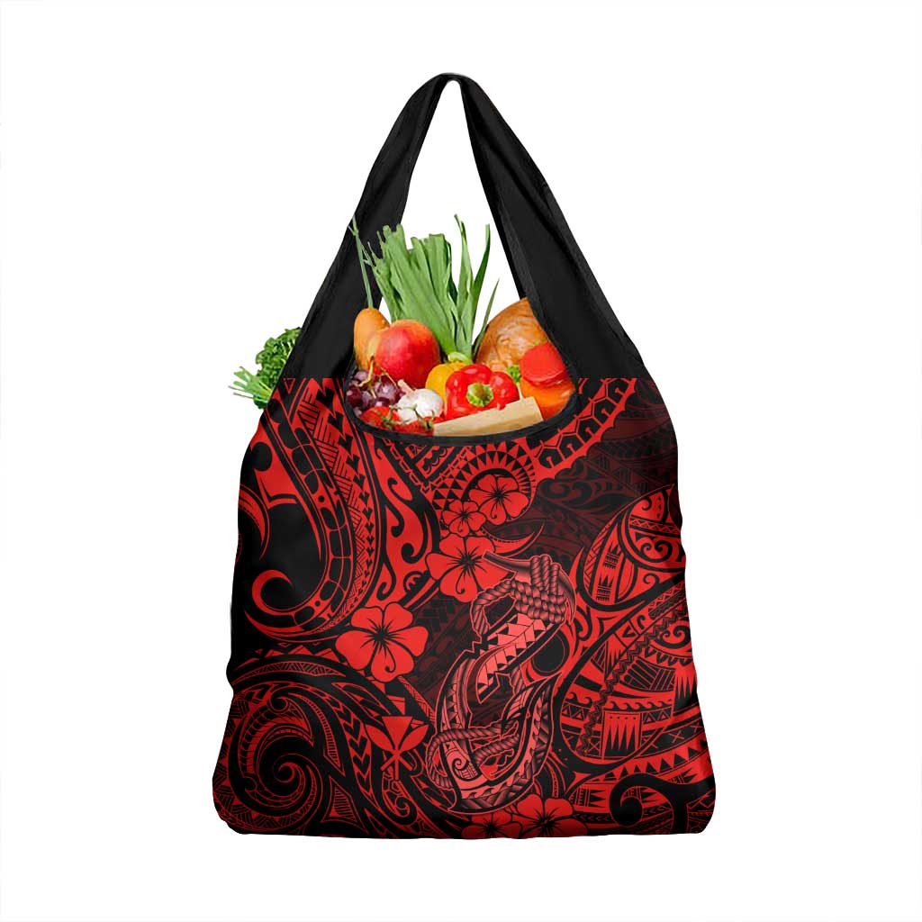 Hawaii Fish Hook Grocery Bag Hibiscus Hawaii Tribal Tattoo Red Version