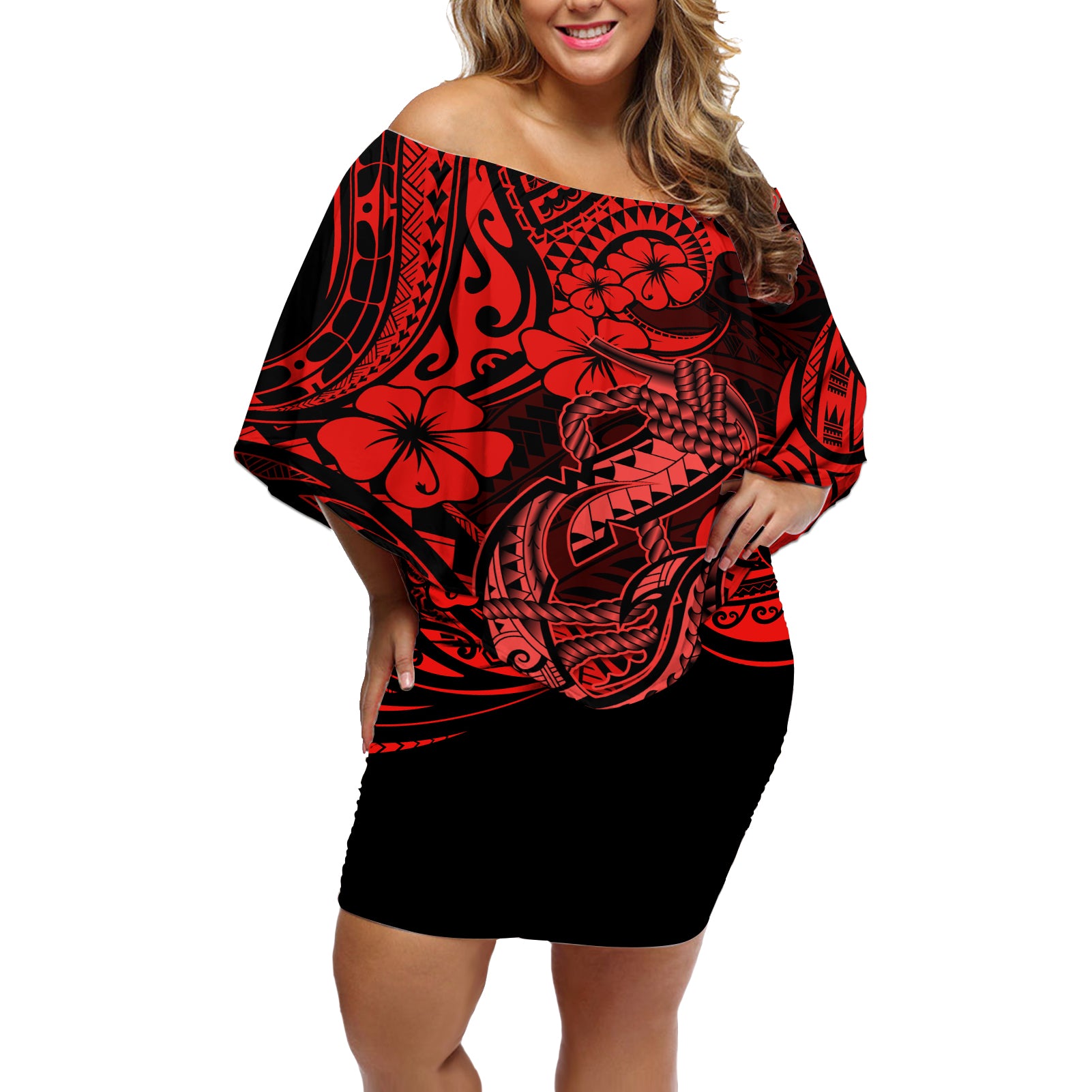 Hawaii Fish Hook Off Shoulder Short Dress Hibiscus Hawaii Tribal Tattoo Red Version LT01 Women Red - Polynesian Pride