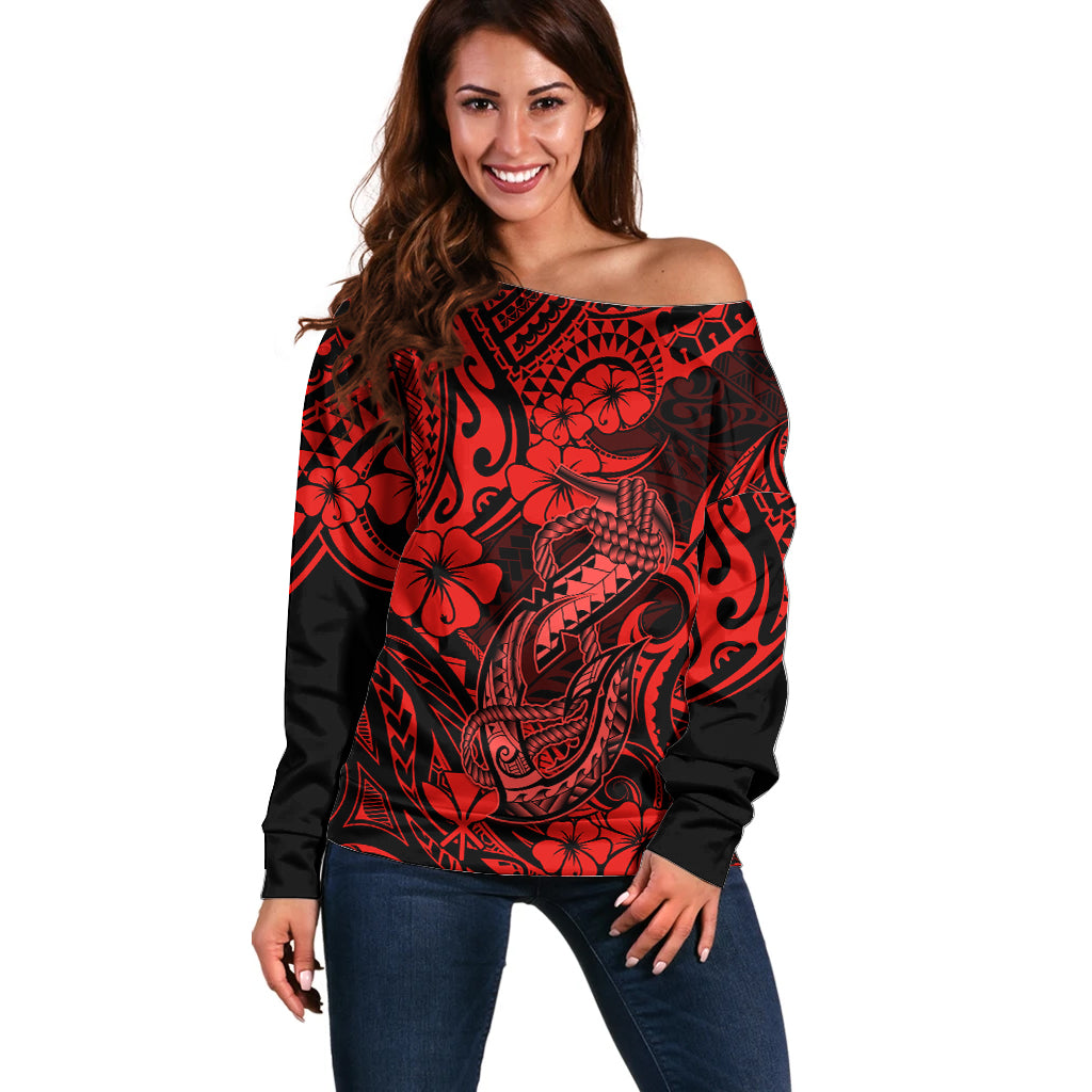 Hawaii Fish Hook Off Shoulder Sweater Hibiscus Hawaii Tribal Tattoo Red Version LT01 Women Red - Polynesian Pride