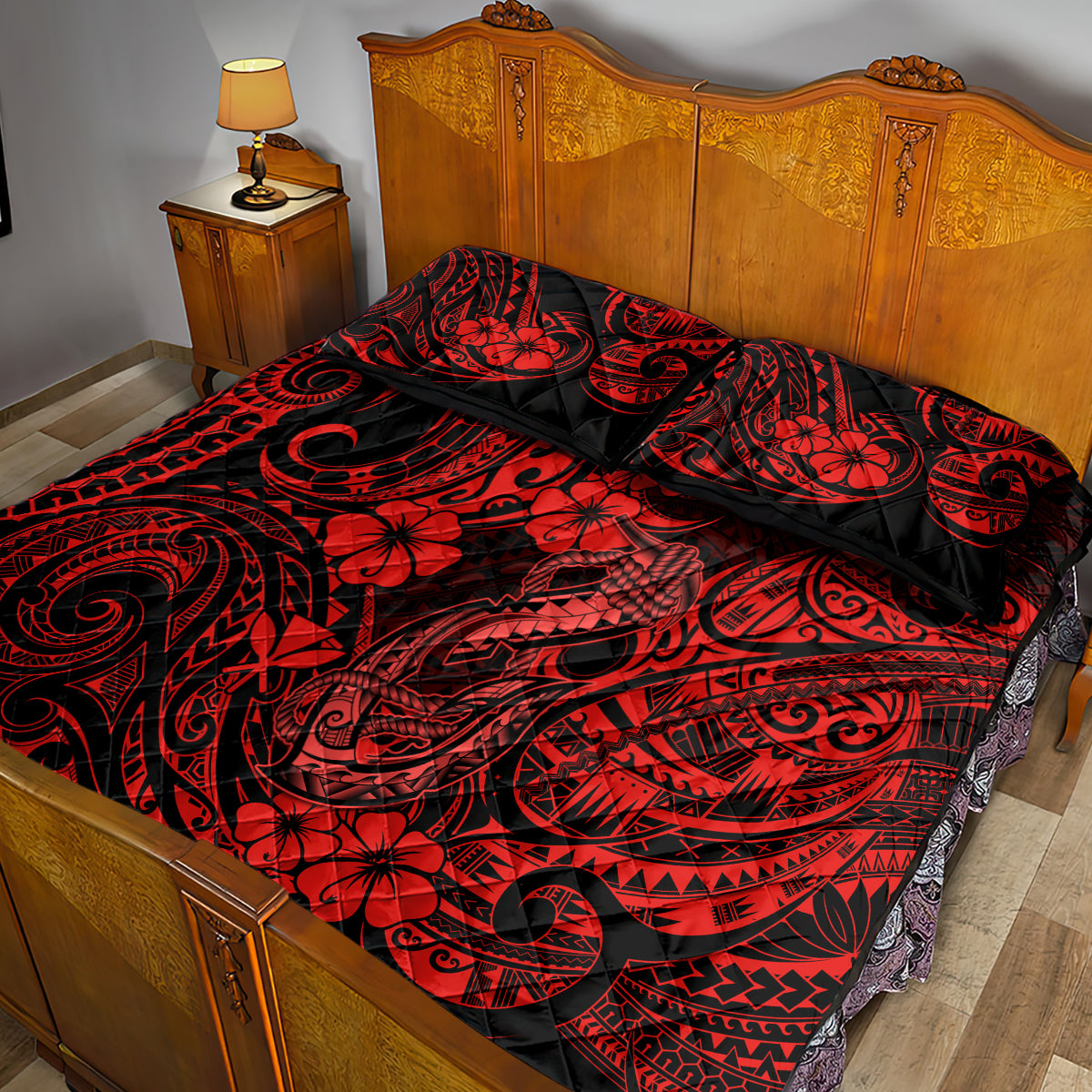 Hawaii Fish Hook Quilt Bed Set Hibiscus Hawaii Tribal Tattoo Red Version LT01 - Polynesian Pride