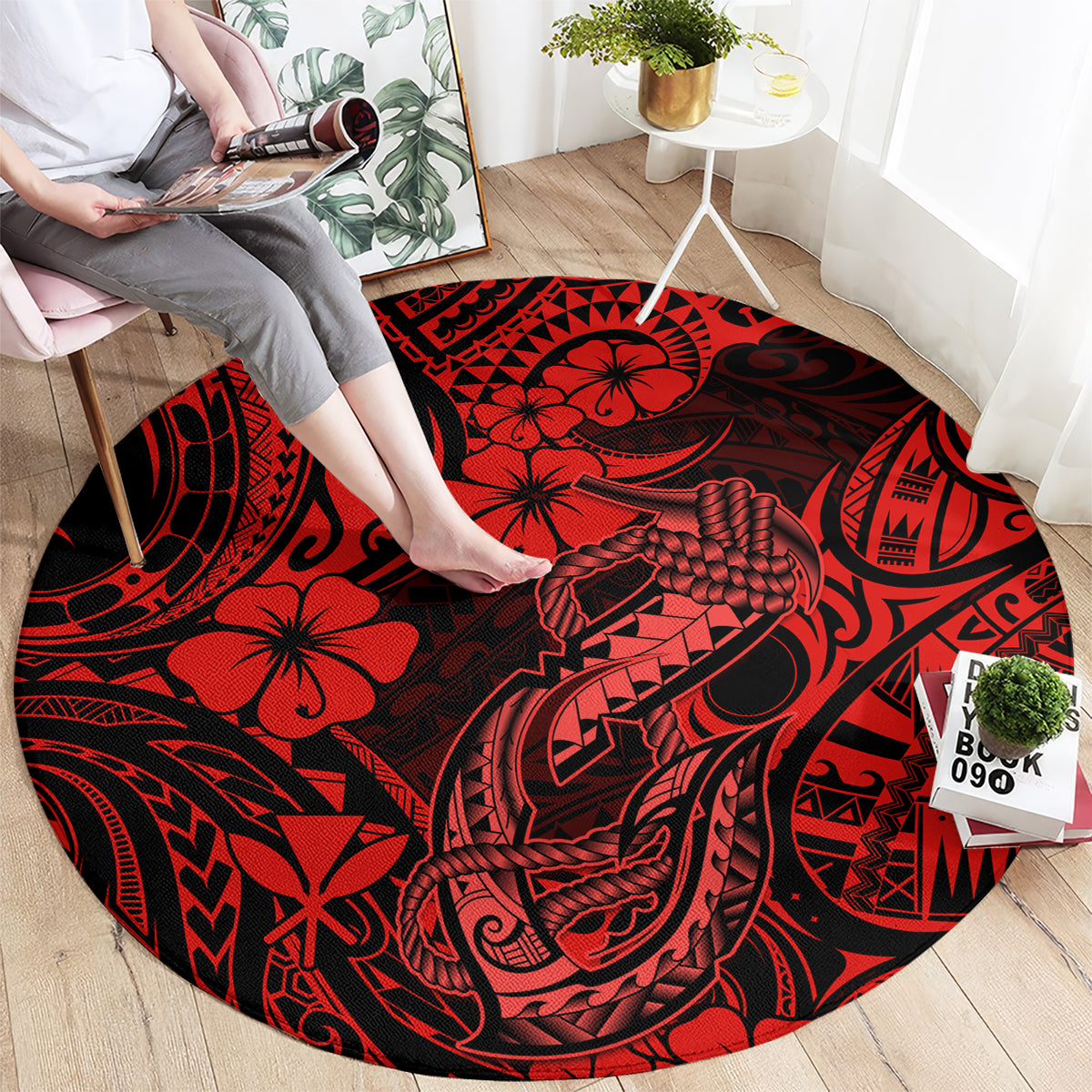 Hawaii Fish Hook Round Carpet Hibiscus Hawaii Tribal Tattoo Red Version LT01 - Polynesian Pride