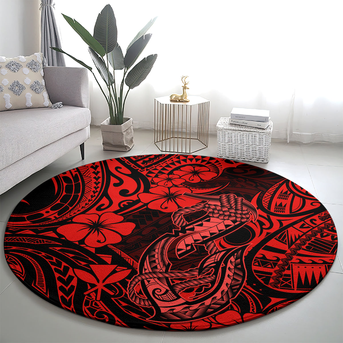 Hawaii Fish Hook Round Carpet Hibiscus Hawaii Tribal Tattoo Red Version LT01 - Polynesian Pride