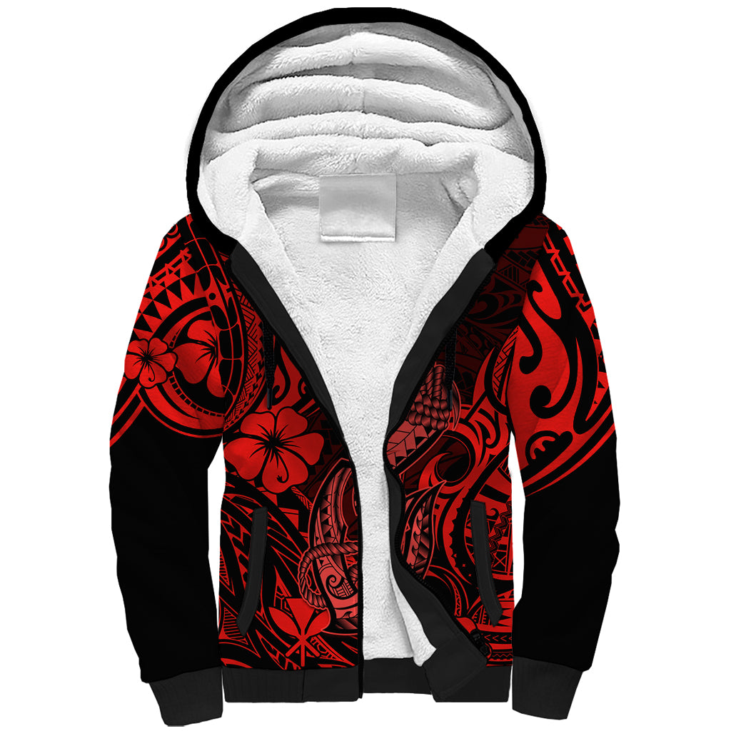Hawaii Fish Hook Sherpa Hoodie Hibiscus Hawaii Tribal Tattoo Red Version LT01 Unisex Red - Polynesian Pride