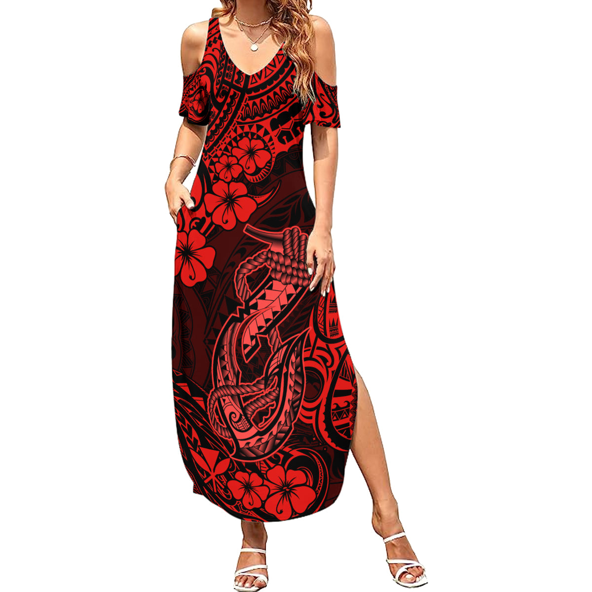 Hawaii Fish Hook Summer Maxi Dress Hibiscus Hawaii Tribal Tattoo Red Version LT01 Women Red - Polynesian Pride