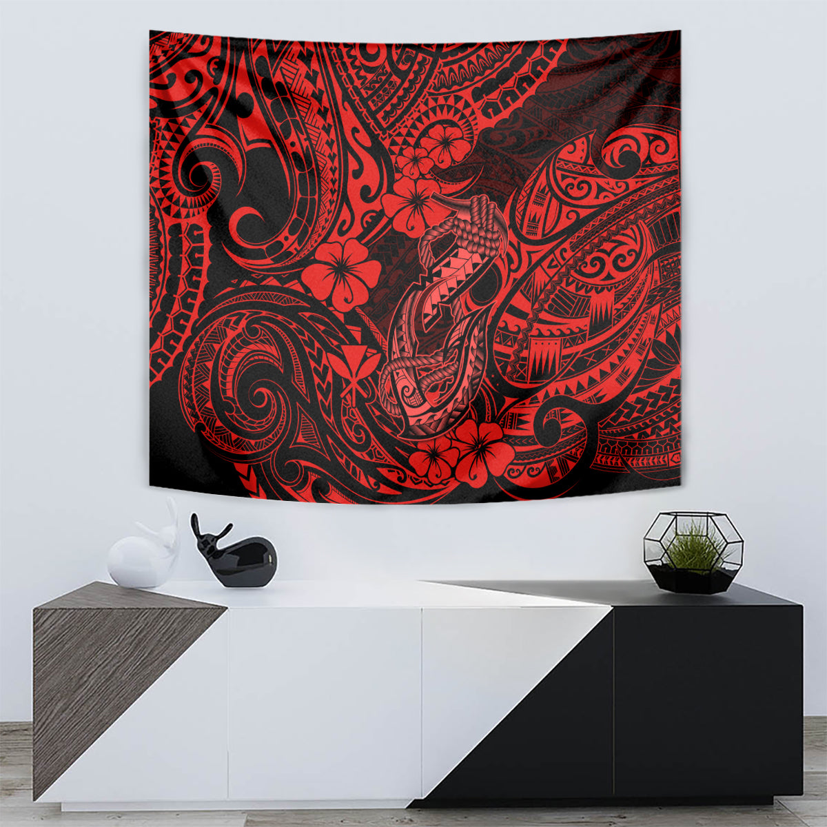 Hawaii Fish Hook Tapestry Hibiscus Hawaii Tribal Tattoo Red Version LT01 - Polynesian Pride