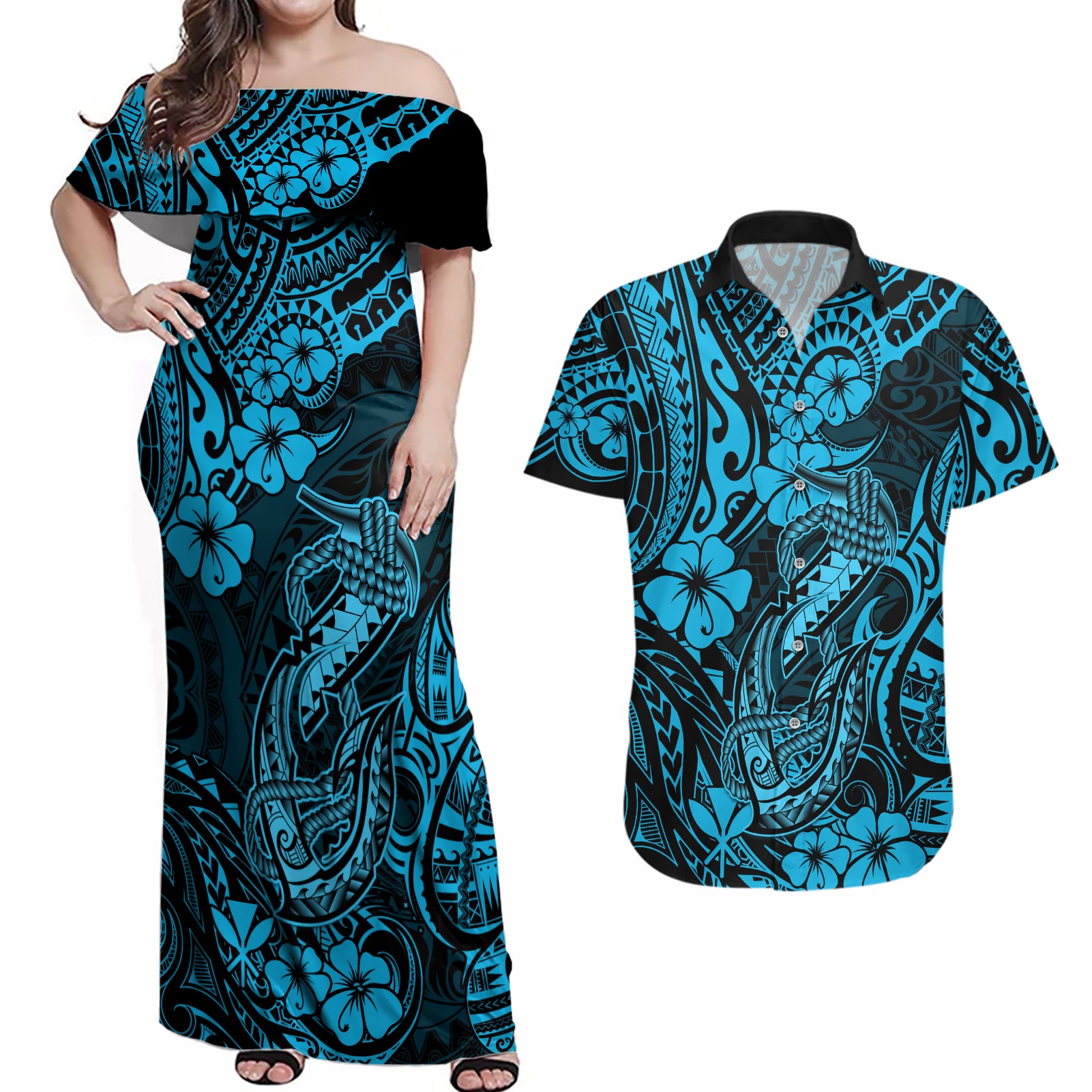 Hawaii Fish Hook Couples Matching Off Shoulder Maxi Dress and Hawaiian Shirt Hibiscus Hawaii Tribal Tattoo Sky Blue Version LT01 Blue - Polynesian Pride