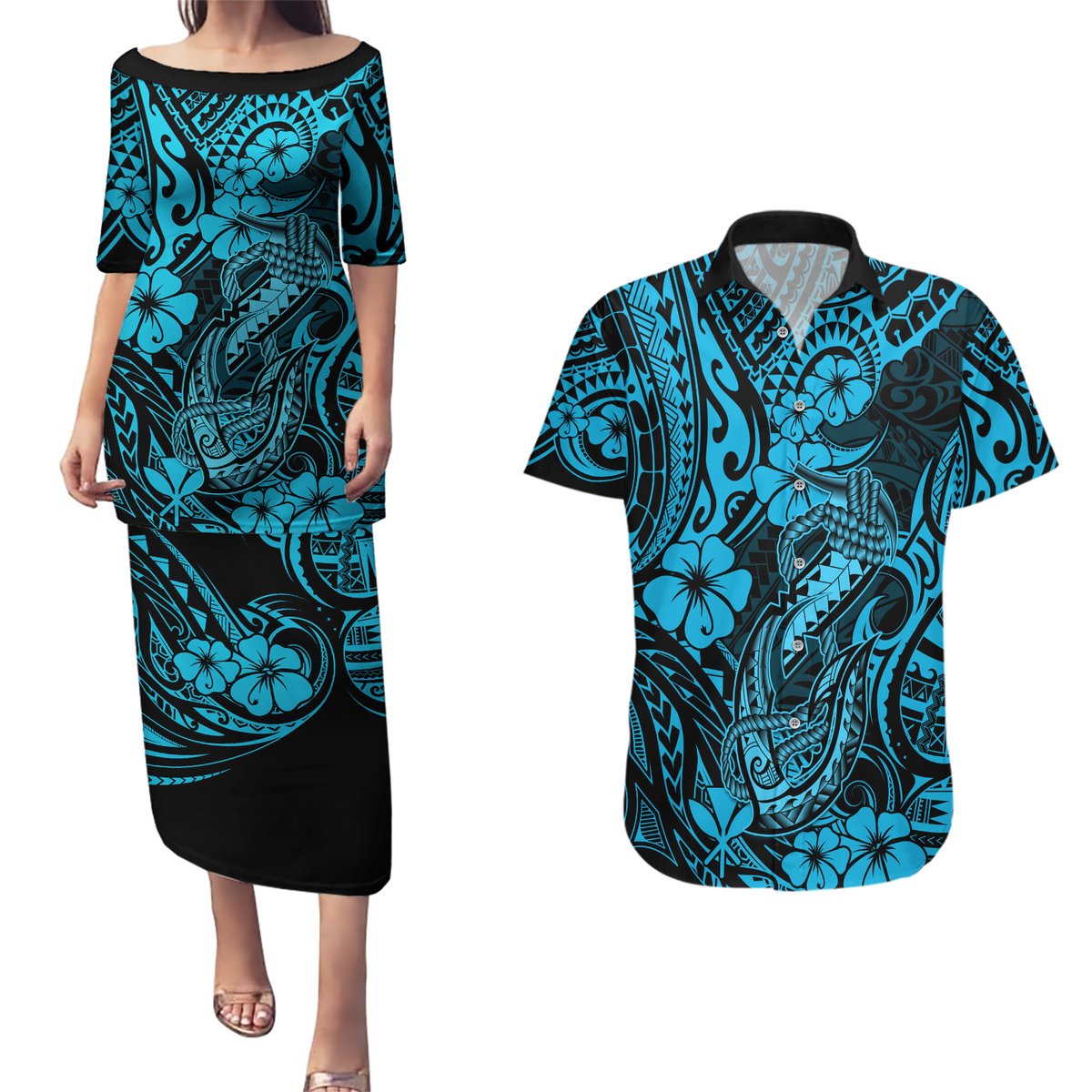 Hawaii Fish Hook Couples Matching Puletasi Dress and Hawaiian Shirt Hibiscus Hawaii Tribal Tattoo Sky Blue Version LT01 Blue - Polynesian Pride