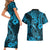 Hawaii Fish Hook Couples Matching Short Sleeve Bodycon Dress and Hawaiian Shirt Hibiscus Hawaii Tribal Tattoo Sky Blue Version LT01 - Polynesian Pride