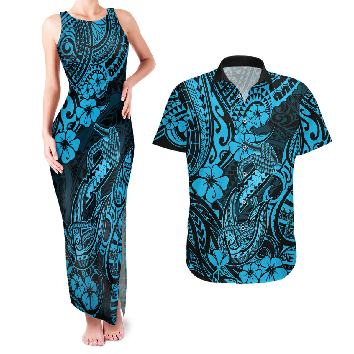 Hawaii Fish Hook Couples Matching Tank Maxi Dress and Hawaiian Shirt Hibiscus Hawaii Tribal Tattoo Sky Blue Version LT01 Blue - Polynesian Pride