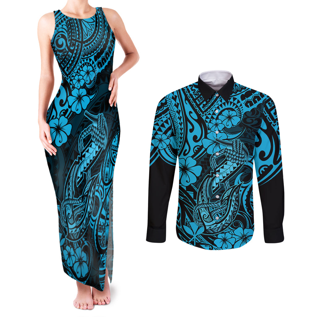 Hawaii Fish Hook Couples Matching Tank Maxi Dress and Long Sleeve Button Shirts Hibiscus Hawaii Tribal Tattoo Sky Blue Version LT01 Blue - Polynesian Pride