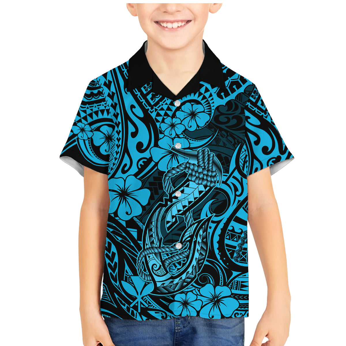 Hawaii Fish Hook Family Matching Mermaid Dress and Hawaiian Shirt Hibiscus Hawaii Tribal Tattoo Sky Blue Version LT01 Son's Shirt Blue - Polynesian Pride