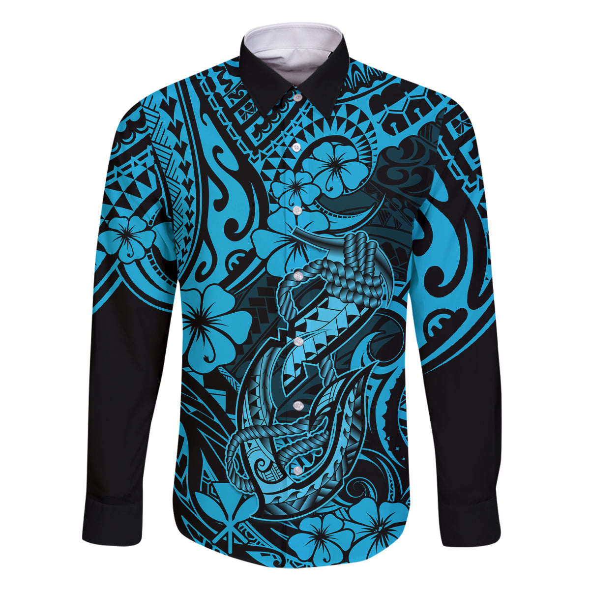 Hawaii Fish Hook Family Matching Off Shoulder Maxi Dress and Hawaiian Shirt Hibiscus Hawaii Tribal Tattoo Sky Blue Version LT01 Dad's Shirt - Long Sleeve Blue - Polynesian Pride