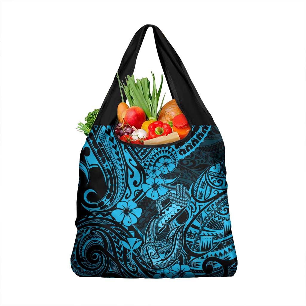 Hawaii Fish Hook Grocery Bag Hibiscus Hawaii Tribal Tattoo Sky Blue Version