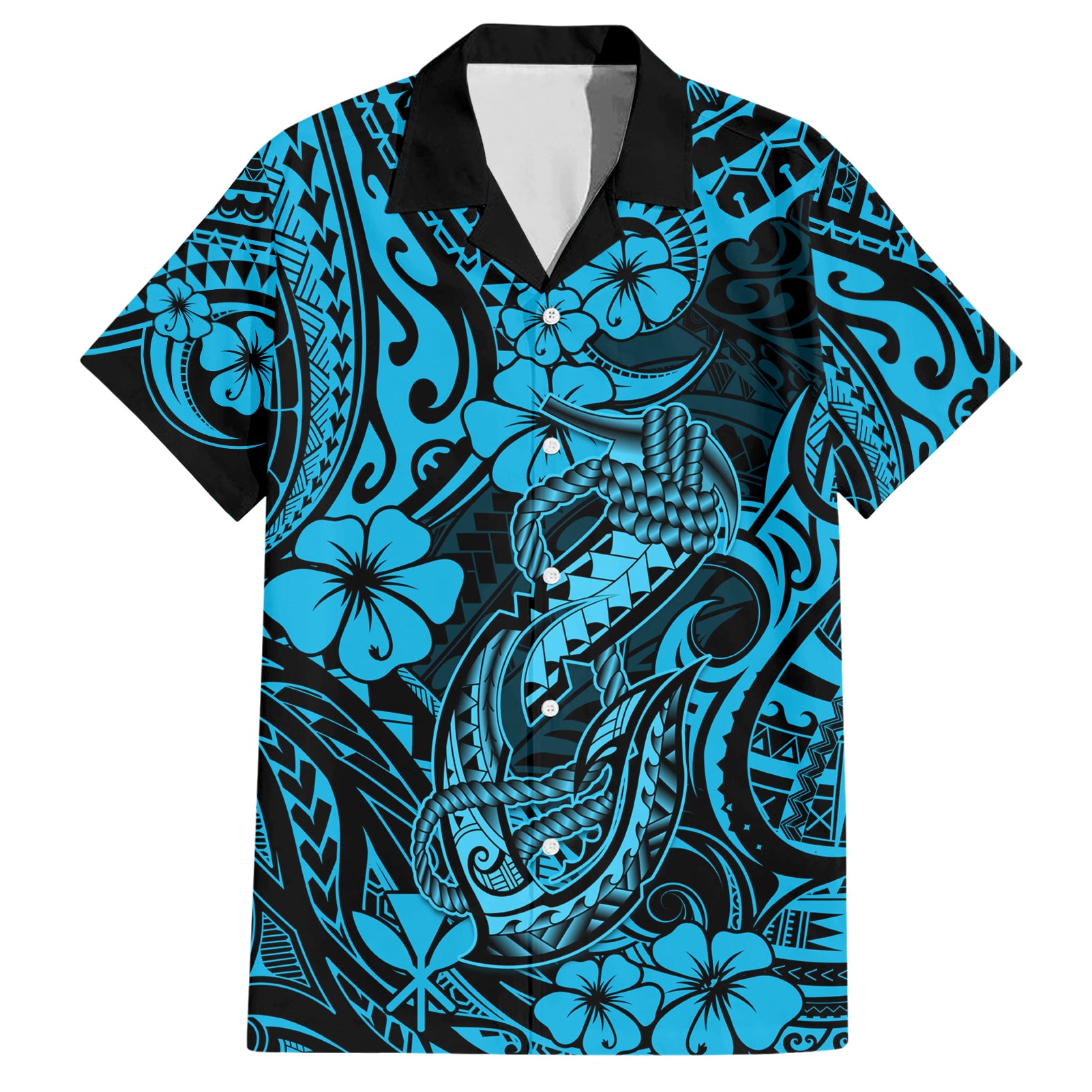 Hawaii Fish Hook Hawaiian Shirt Hibiscus Hawaii Tribal Tattoo Sky Blue Version LT01 Blue - Polynesian Pride