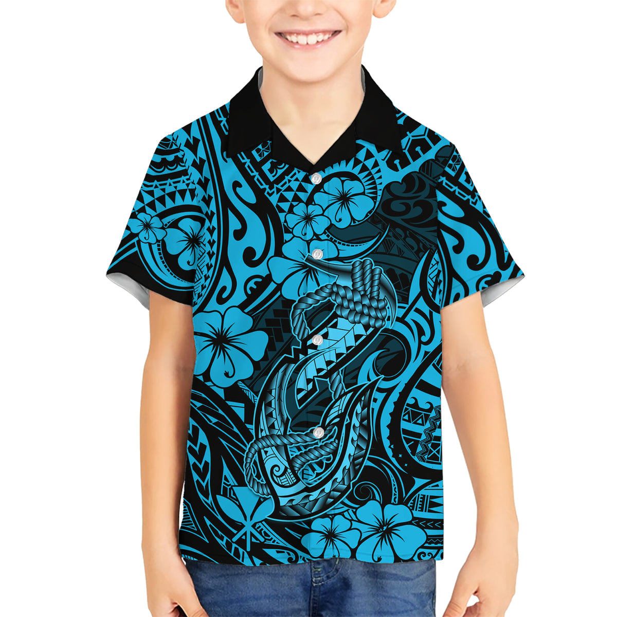 Hawaii Fish Hook Hawaiian Shirt Hibiscus Hawaii Tribal Tattoo Sky Blue Version LT01 - Polynesian Pride