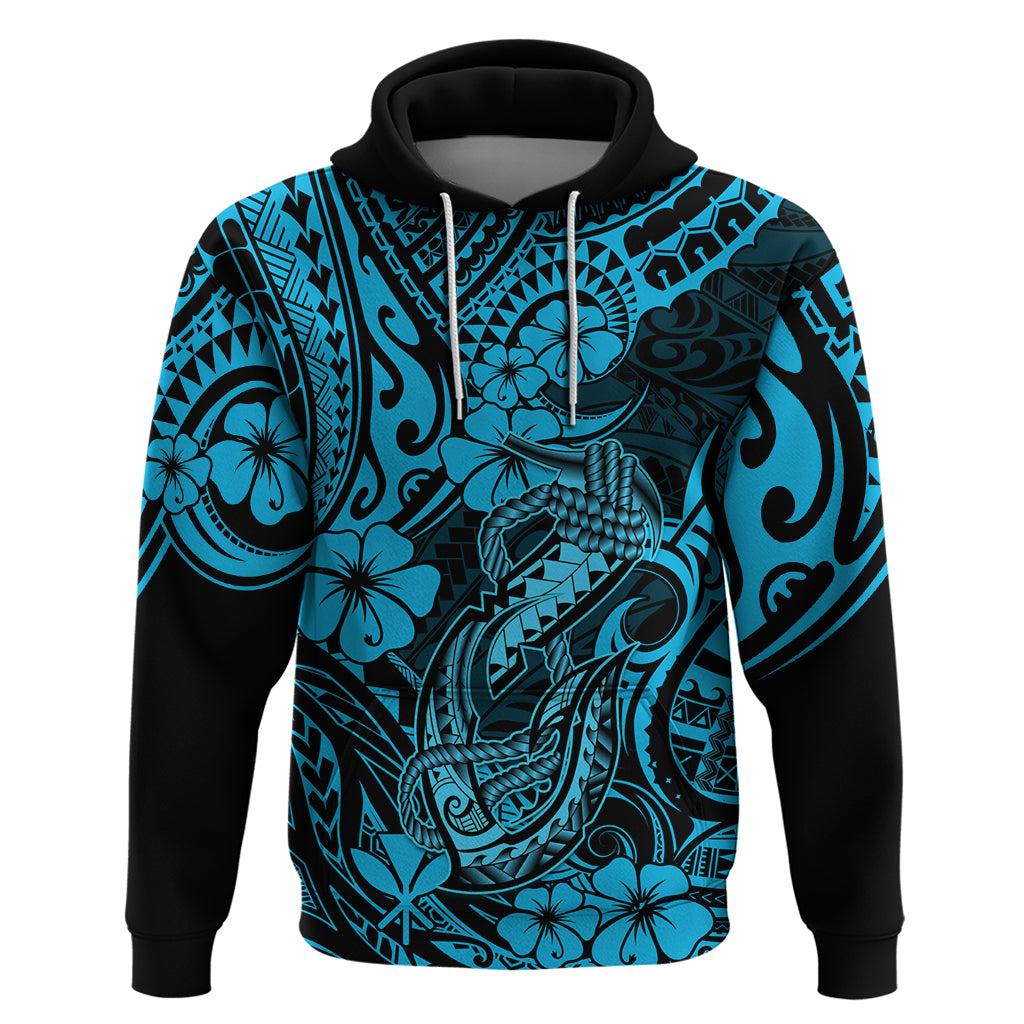 Hawaii Fish Hook Hoodie Hibiscus Hawaii Tribal Tattoo Sky Blue Version LT01 Pullover Hoodie Blue - Polynesian Pride