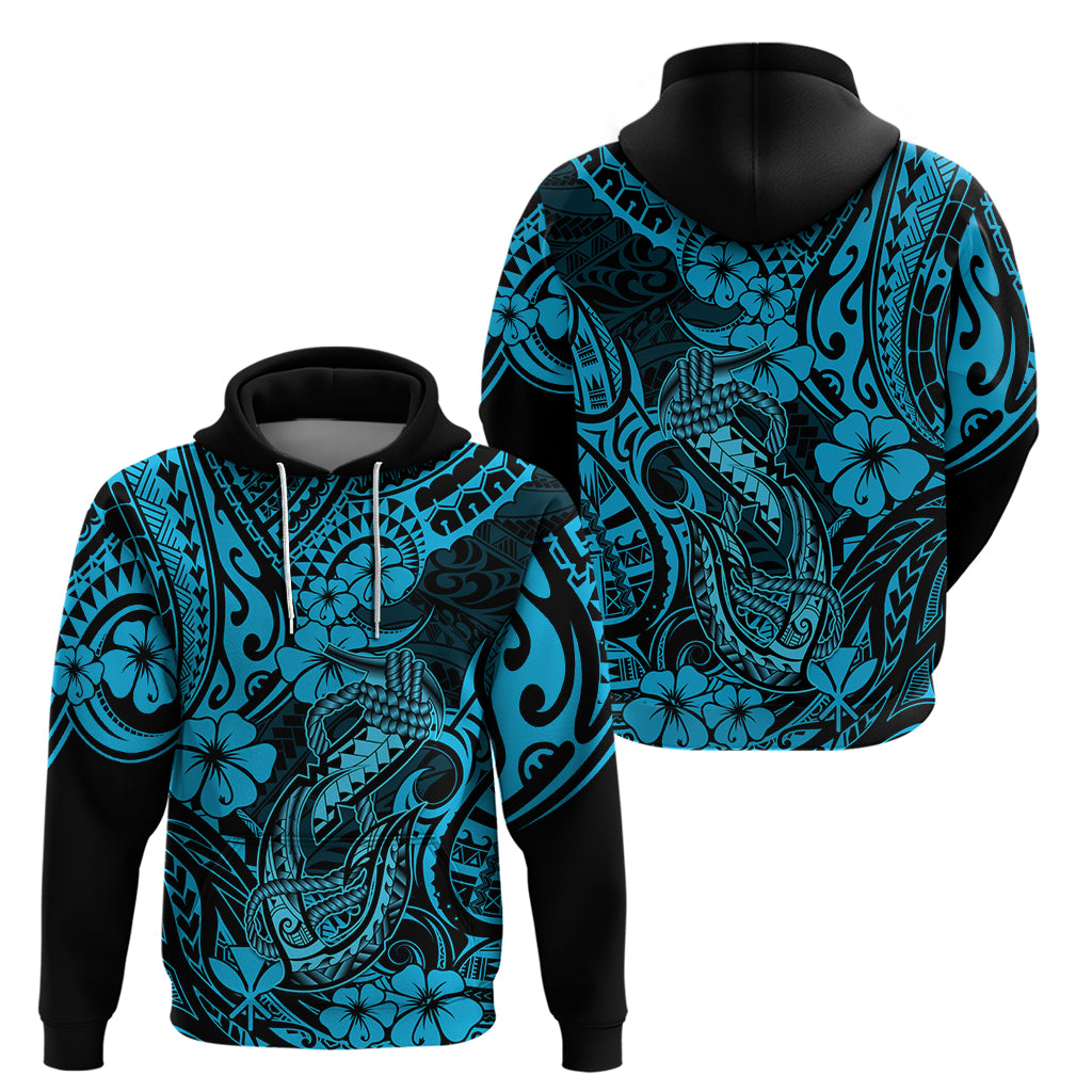 Hawaii Fish Hook Hoodie Hibiscus Hawaii Tribal Tattoo Sky Blue Version LT01 - Polynesian Pride