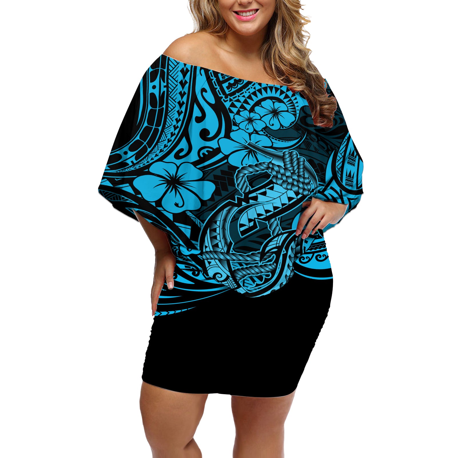 Hawaii Fish Hook Off Shoulder Short Dress Hibiscus Hawaii Tribal Tattoo Sky Blue Version LT01 Women Blue - Polynesian Pride