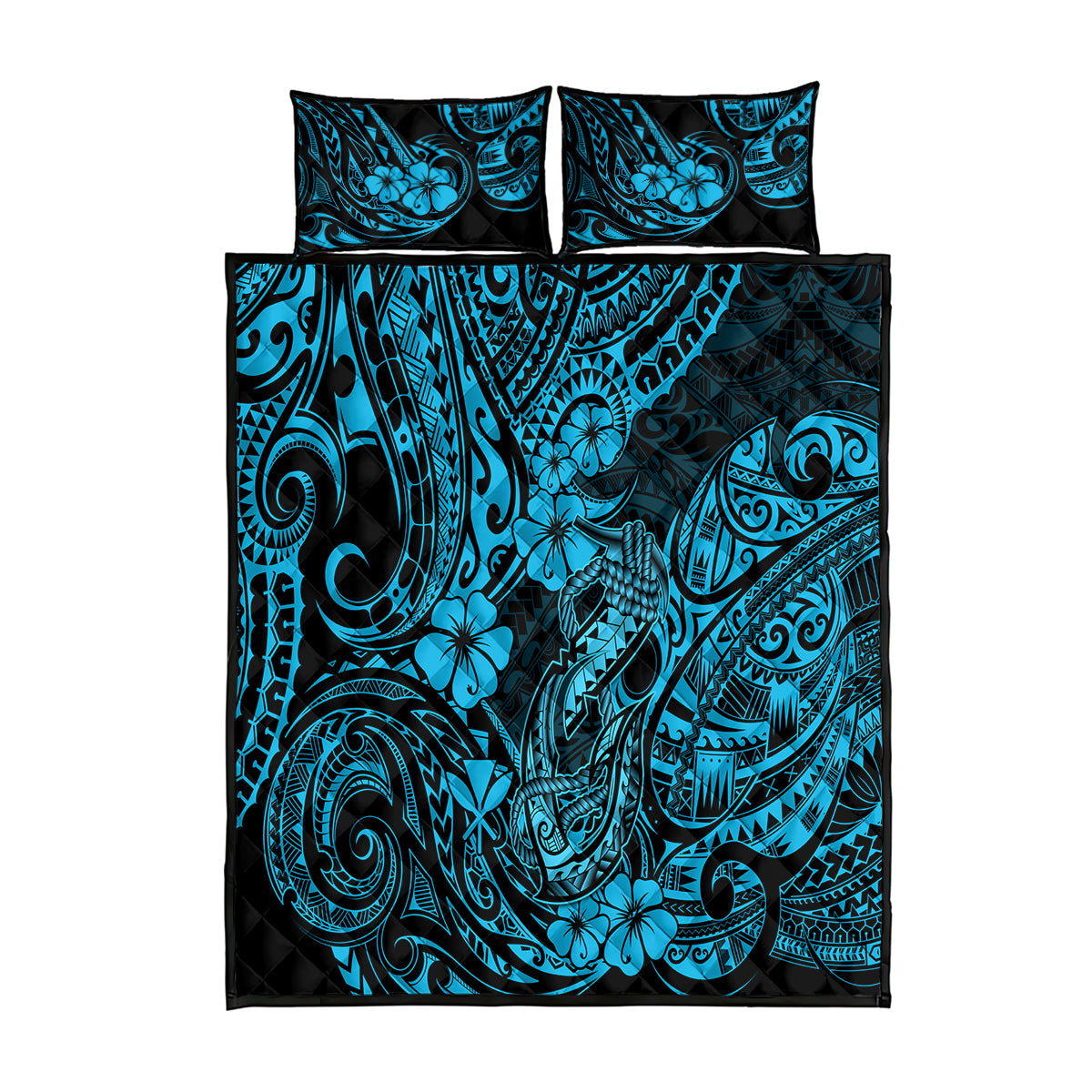 Hawaii Fish Hook Quilt Bed Set Hibiscus Hawaii Tribal Tattoo Sky Blue Version LT01 Blue - Polynesian Pride