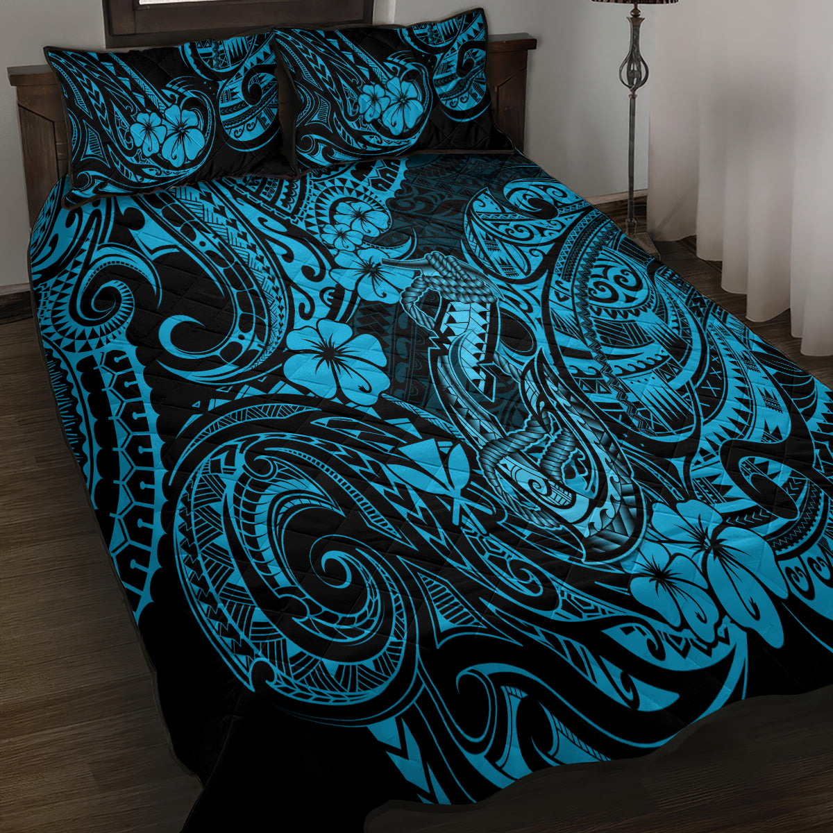 Hawaii Fish Hook Quilt Bed Set Hibiscus Hawaii Tribal Tattoo Sky Blue Version LT01 - Polynesian Pride