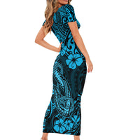 Hawaii Fish Hook Short Sleeve Bodycon Dress Hibiscus Hawaii Tribal Tattoo Sky Blue Version LT01 - Polynesian Pride
