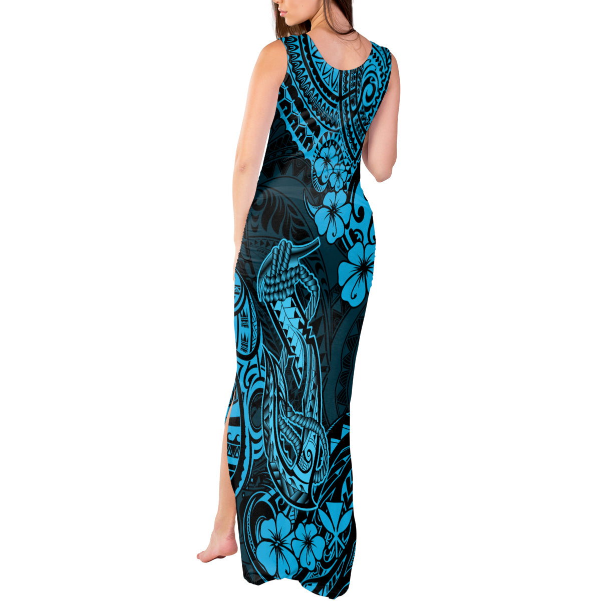 Hawaii Fish Hook Tank Maxi Dress Hibiscus Hawaii Tribal Tattoo Sky Blue Version LT01 - Polynesian Pride