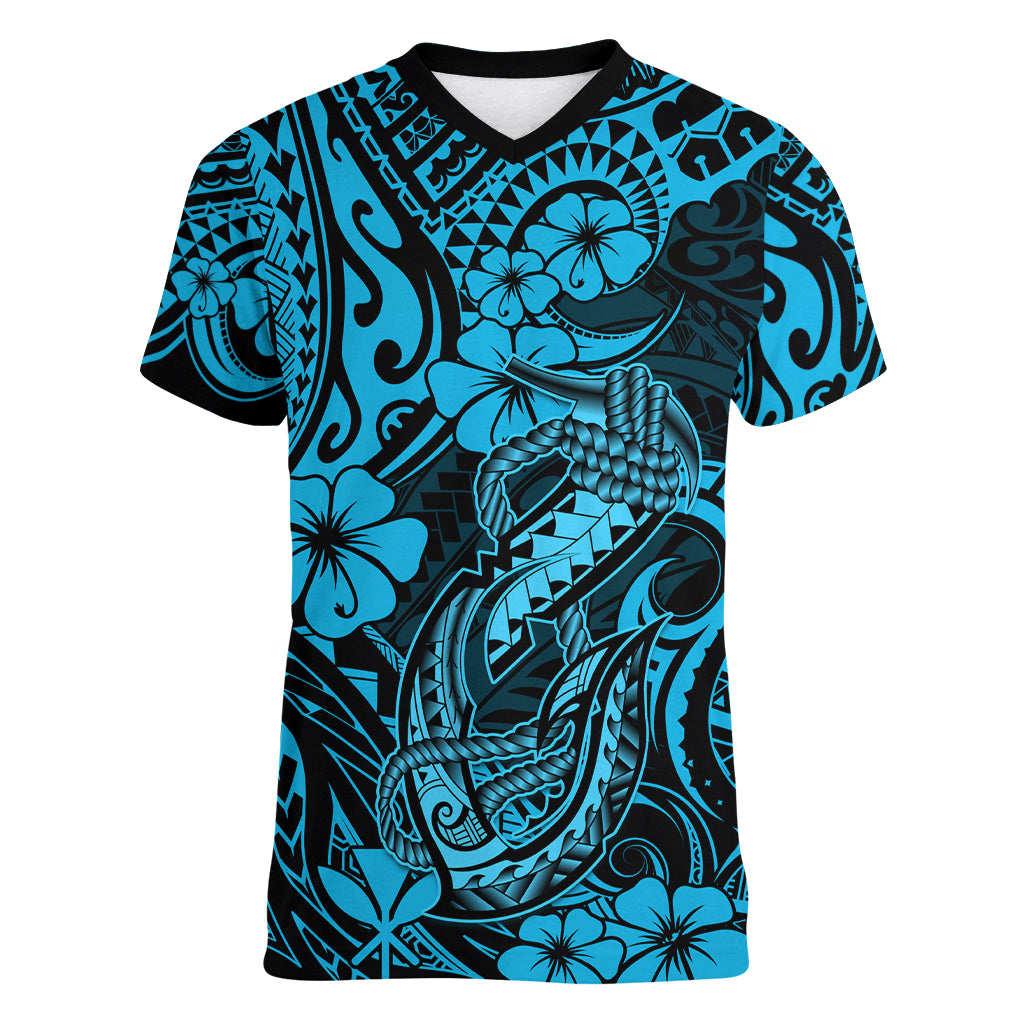 Hawaii Fish Hook Women V Neck T Shirt Hibiscus Hawaii Tribal Tattoo Sky Blue Version LT01 Female Blue - Polynesian Pride