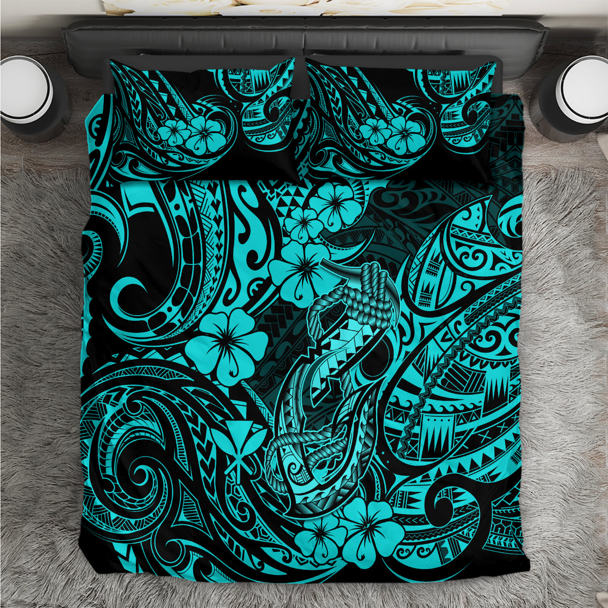 Hawaii Fish Hook Bedding Set Hibiscus Hawaii Tribal Tattoo Turquoise Version LT01 Turquoise - Polynesian Pride