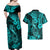 Hawaii Fish Hook Couples Matching Off Shoulder Maxi Dress and Hawaiian Shirt Hibiscus Hawaii Tribal Tattoo Turquoise Version LT01 - Polynesian Pride