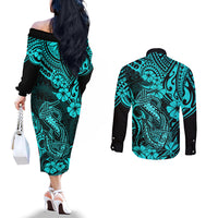 Hawaii Fish Hook Couples Matching Off The Shoulder Long Sleeve Dress and Long Sleeve Button Shirts Hibiscus Hawaii Tribal Tattoo Turquoise Version LT01 - Polynesian Pride